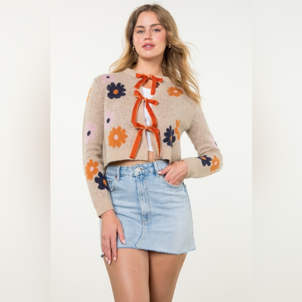 THML Cashmere and Wool Flower Knit Cardigan, Size Small